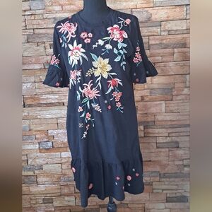 JOHNNY WAS Floral Embroidered Black Dress